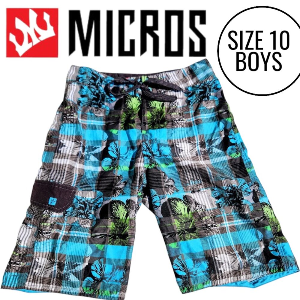 Micros Swim Trunks Size 10 Boy's Swimming Shorts Red Black Plaid Swimsuit 13" Wa